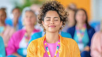 women with eyes closed meditating 